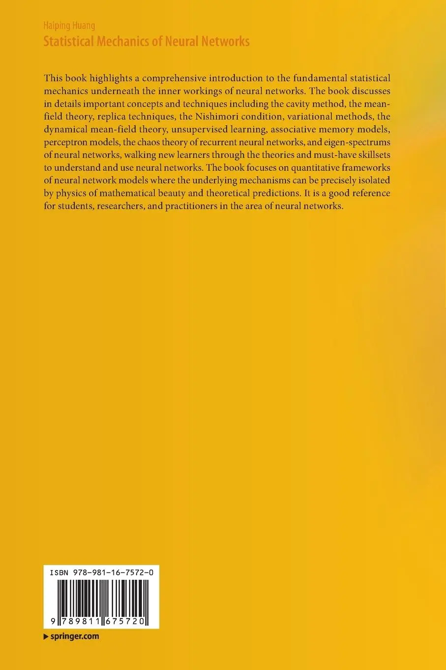 Rückseite: 9789811675720 | Statistical Mechanics of Neural Networks | Haiping Huang | Taschenbuch