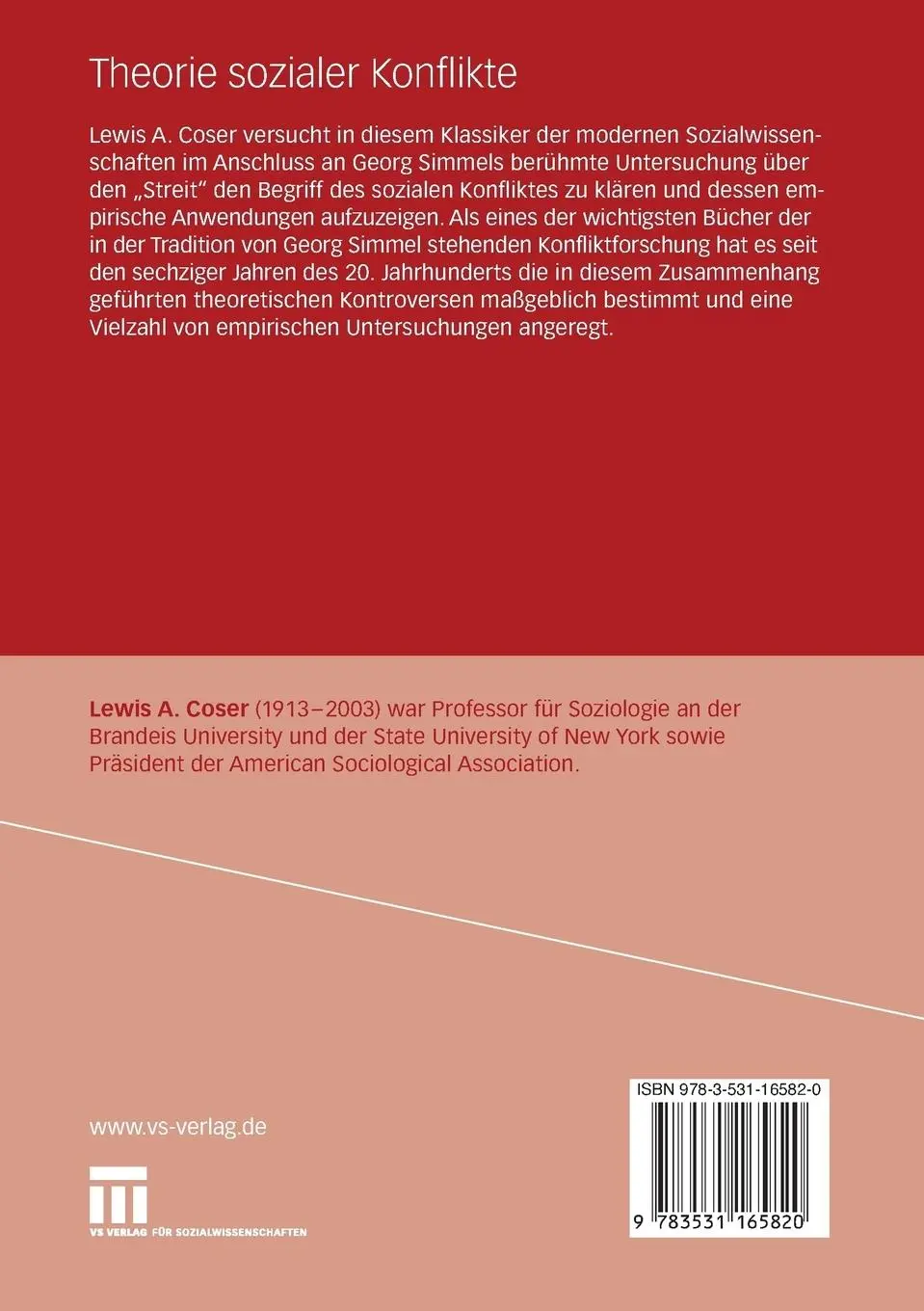 Rückseite: 9783531165820 | Theorie sozialer Konflikte | Lewis A. Coser | Taschenbuch | 195 S.