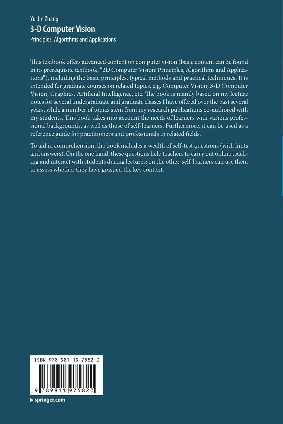 Rückseite: 9789811975820 | 3-D Computer Vision | Principles, Algorithms and Applications | Zhang