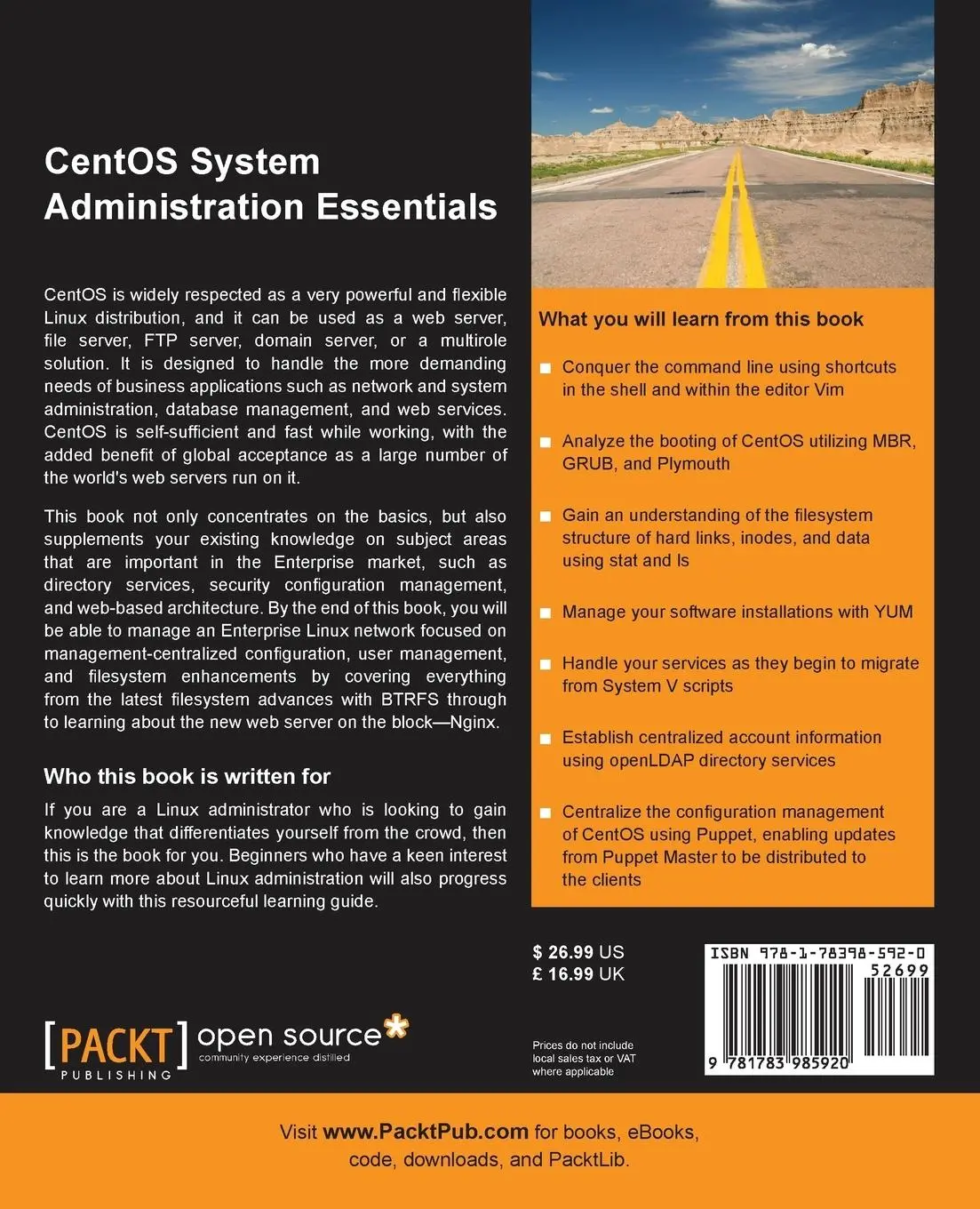 Rückseite: 9781783985920 | CentOS System Administration Essentials | Andrew Mallett | Taschenbuch