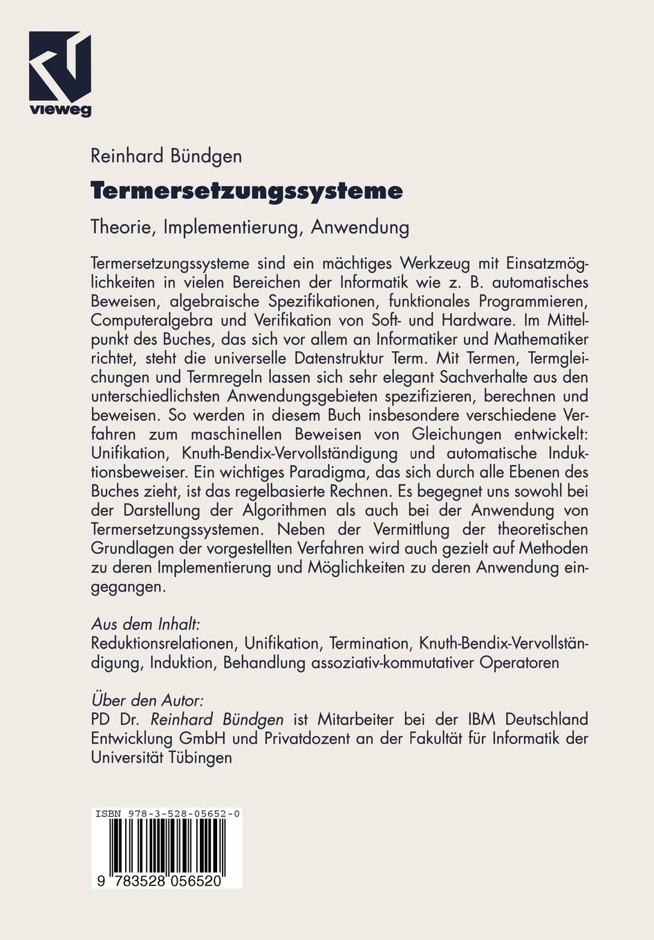 Rückseite: 9783528056520 | Termersetzungssysteme | Theorie, Implementierung, Anwendung | Bündgen