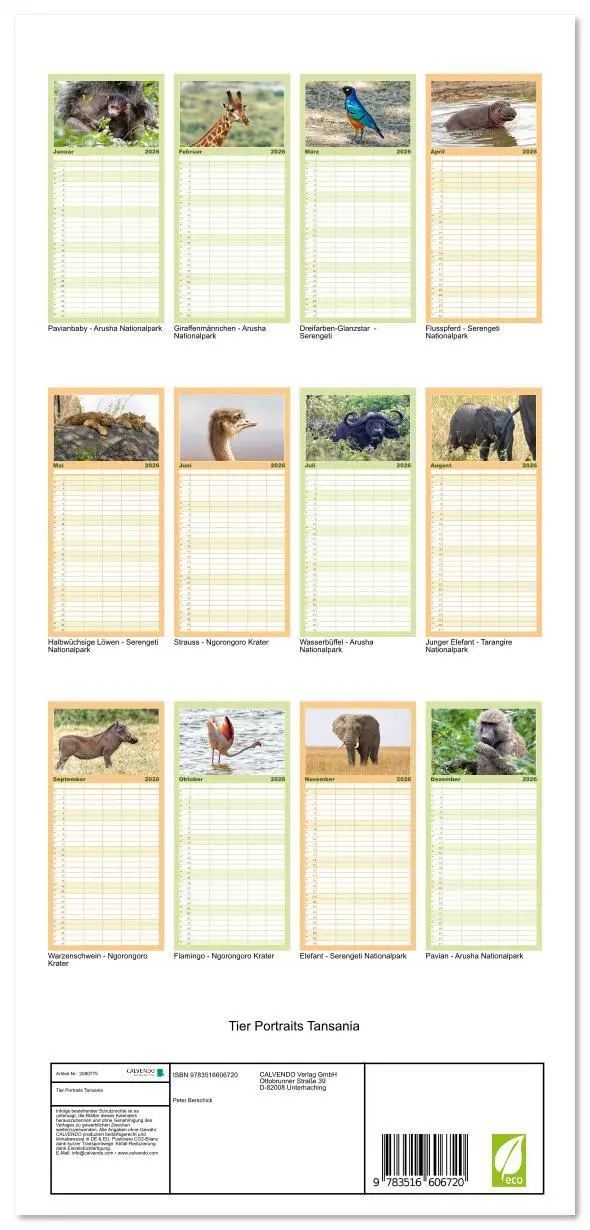 Bild: 9783516606720 | Familienplaner 2026 - Tier Portraits Tansania mit 5 Spalten...