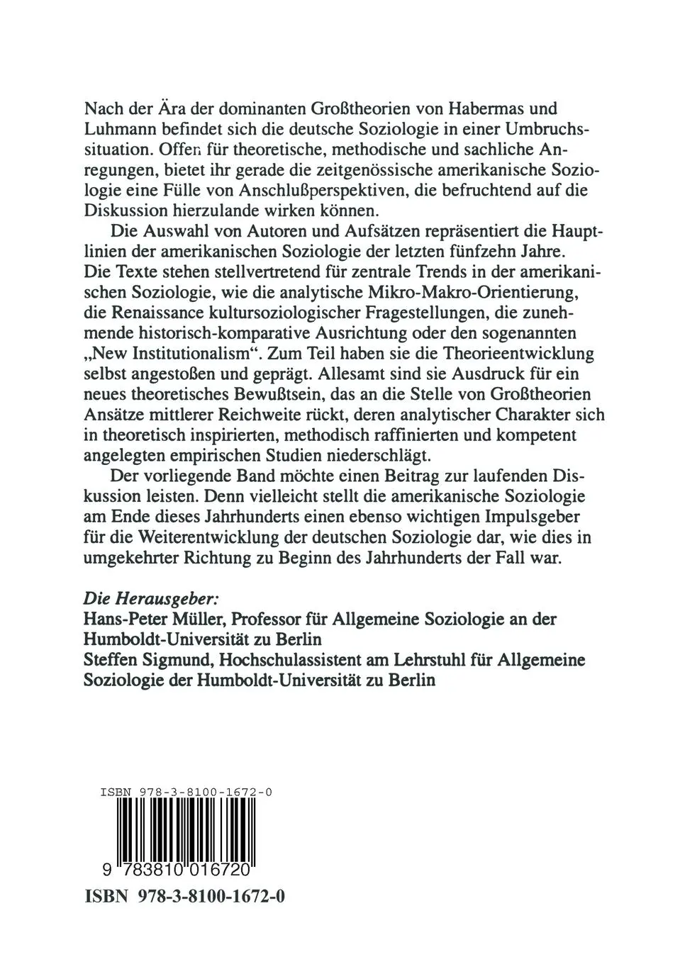 Rückseite: 9783810016720 | Zeitgenössische amerikanische Soziologie | Steffen Sigmund (u. a.)