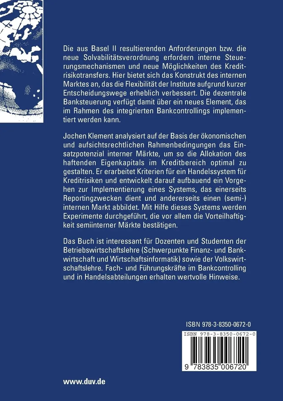 Rückseite: 9783835006720 | Kreditrisikohandel, Basel II und interne Märkte in Banken | Klement
