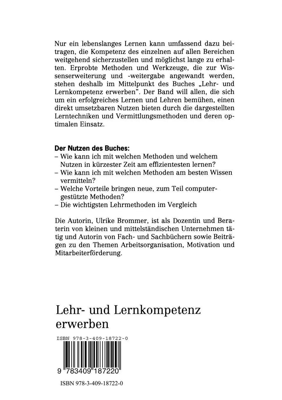 Rückseite: 9783409187220 | Lehr- und Lernkompetenz erwerben | Ulrike Brommer | Taschenbuch | 1992