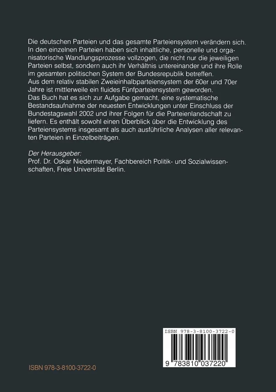 Rückseite: 9783810037220 | Die Parteien nach der Bundestagswahl 2002 | Oskar Niedermayer | Buch