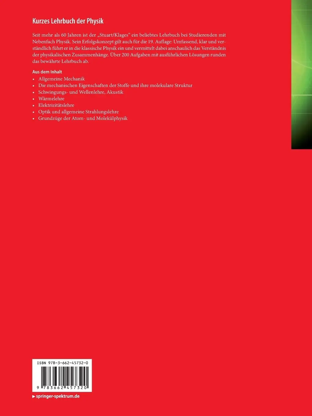 Rückseite: 9783662457320 | Kurzes Lehrbuch der Physik | Gerhard Klages (u. a.) | Taschenbuch