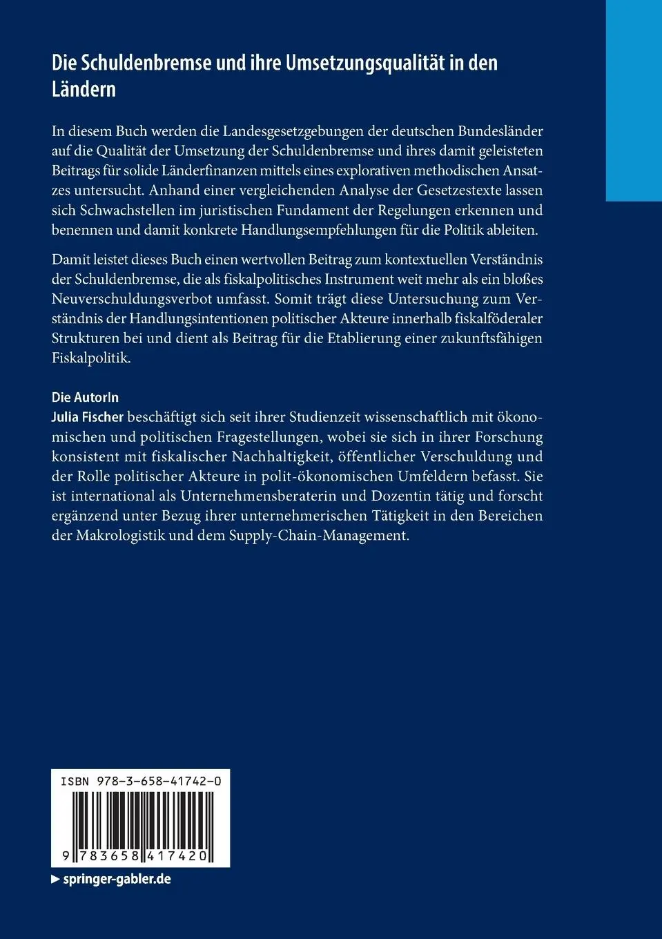 Rückseite: 9783658417420 | Die Schuldenbremse und ihre Umsetzungsqualität in den Ländern | Buch
