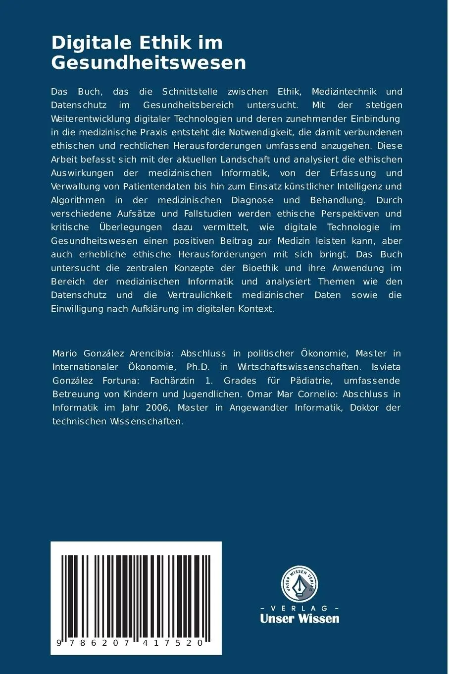 Rückseite: 9786207417520 | Digitale Ethik im Gesundheitswesen | Mario González Arencibia (u. a.)