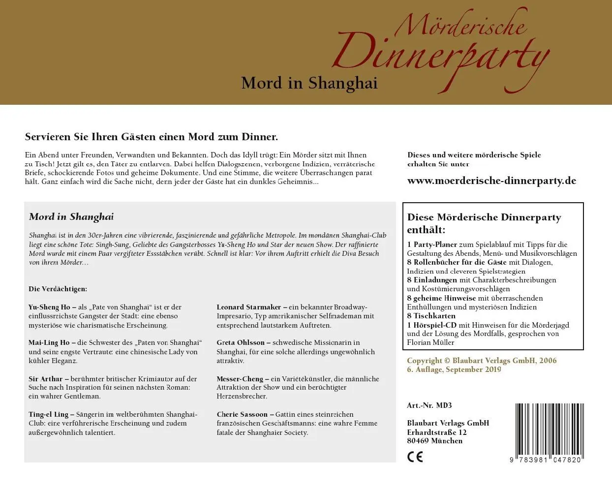 Bild: 9783981047820 | Mörderische Dinnerparty. Mord in Shanghai | Spiel | Brettspiel | 2006