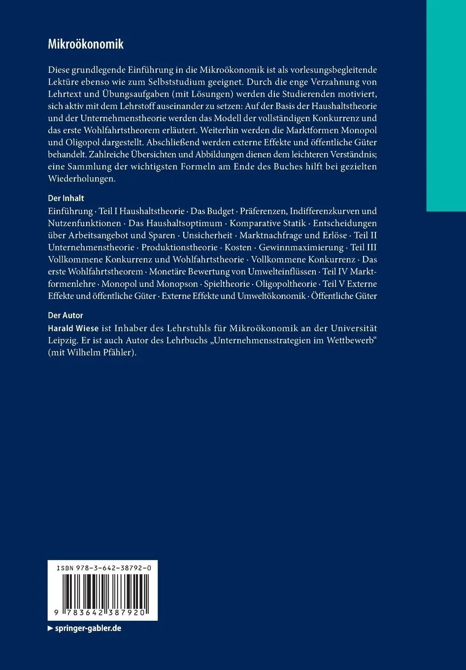 Rückseite: 9783642387920 | Mikroökonomik | Eine Einführung | Harald Wiese | Taschenbuch | xix
