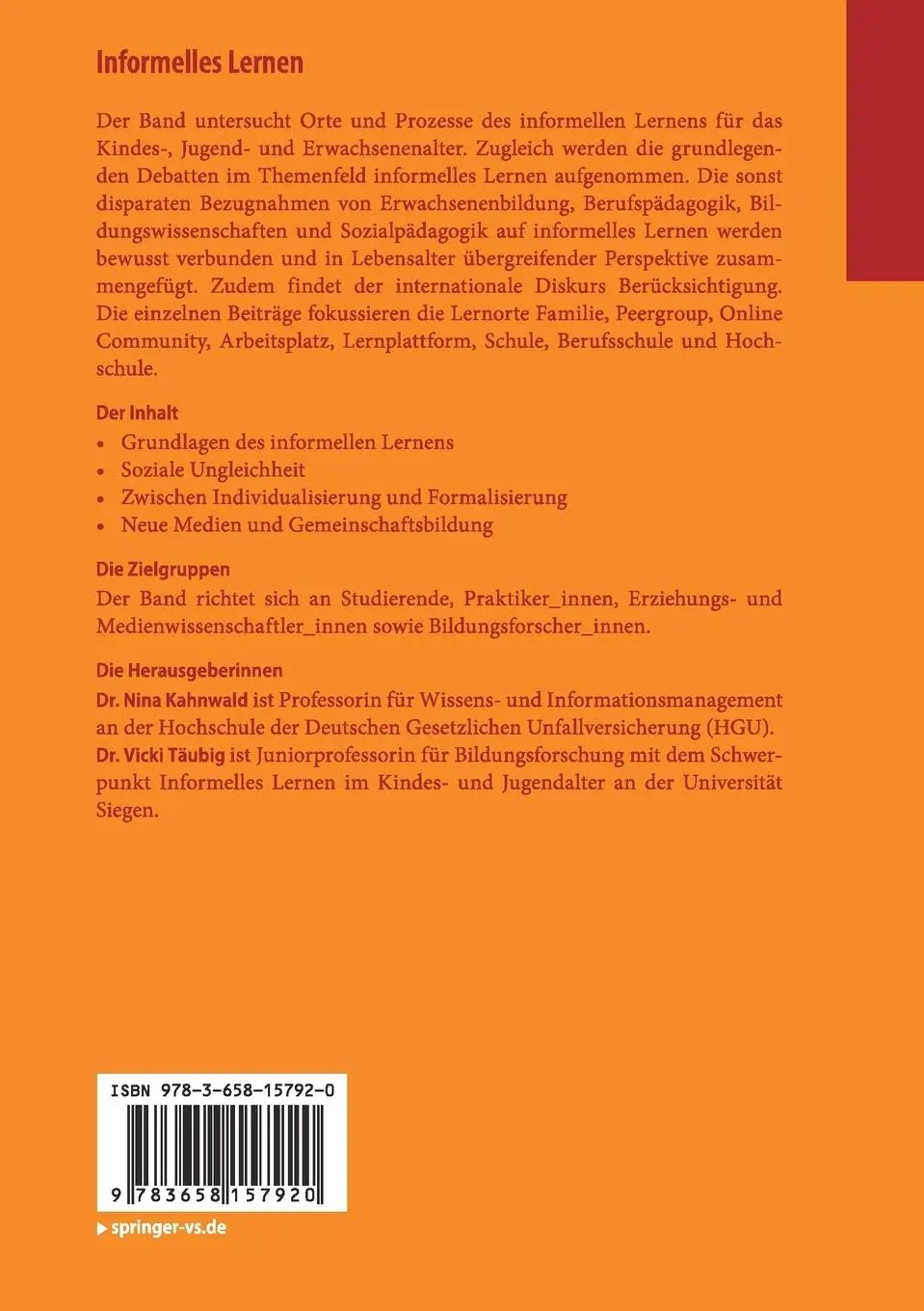 Rückseite: 9783658157920 | Informelles Lernen | Standortbestimmungen | Vicki Täubig (u. a.)