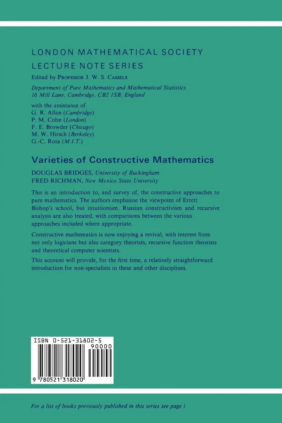 Rückseite: 9780521318020 | Varieties of Constructive Mathematics | Douglas S. Bridges (u. a.)