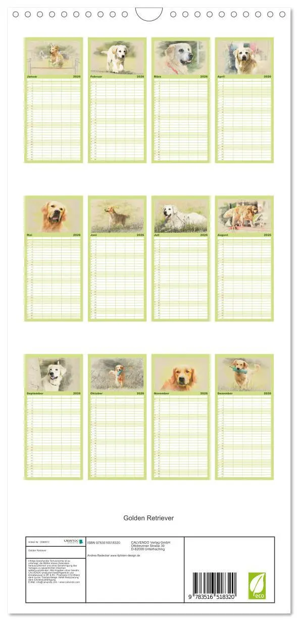 Bild: 9783516518320 | Familienplaner 2026 - Golden Retriever mit 5 Spalten (Wandkalender,...