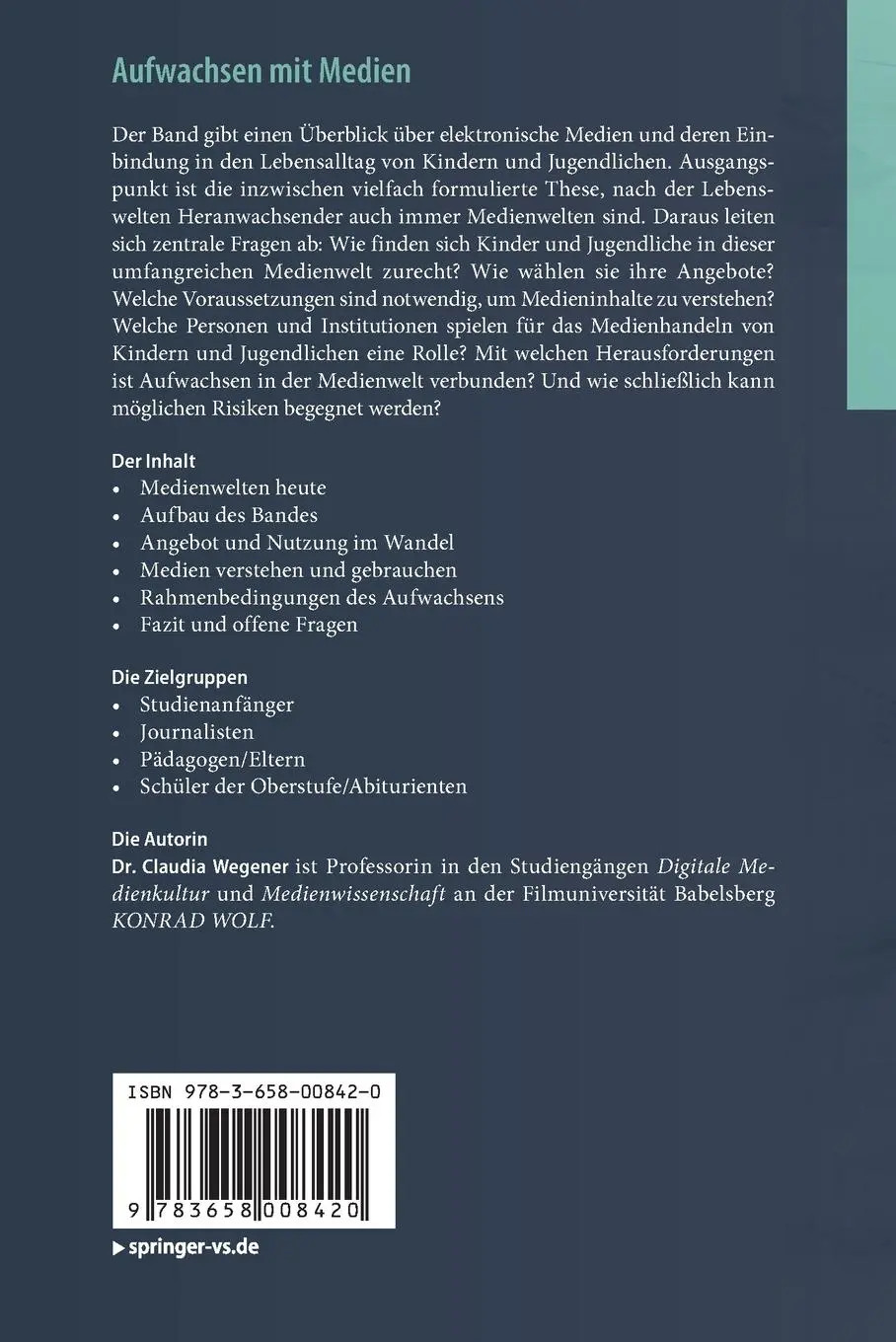 Rückseite: 9783658008420 | Aufwachsen mit Medien | Claudia Wegener | Taschenbuch | v | Deutsch