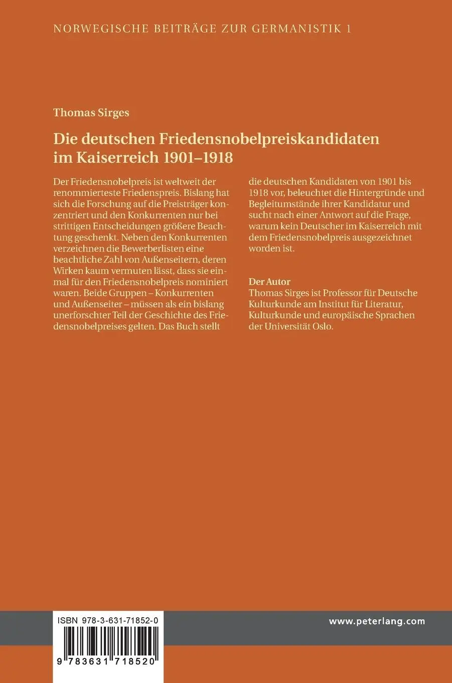 Rückseite: 9783631718520 | Die deutschen Friedensnobelpreiskandidaten im Kaiserreich 1901-1918