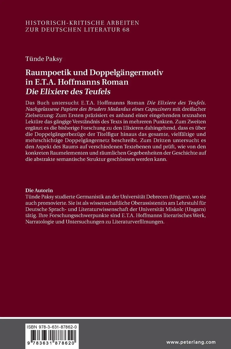Rückseite: 9783631878620 | Raumpoetik und Doppelgängermotiv in E.T.A. Hoffmanns Roman 'Die...