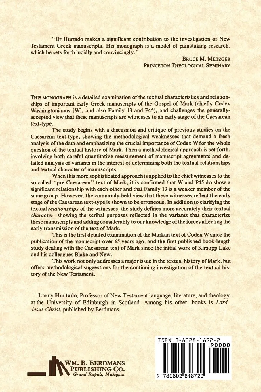 Rückseite: 9780802818720 | Text-Critical Methodology and the Pre-Caesarean Text | Hurtado | Buch