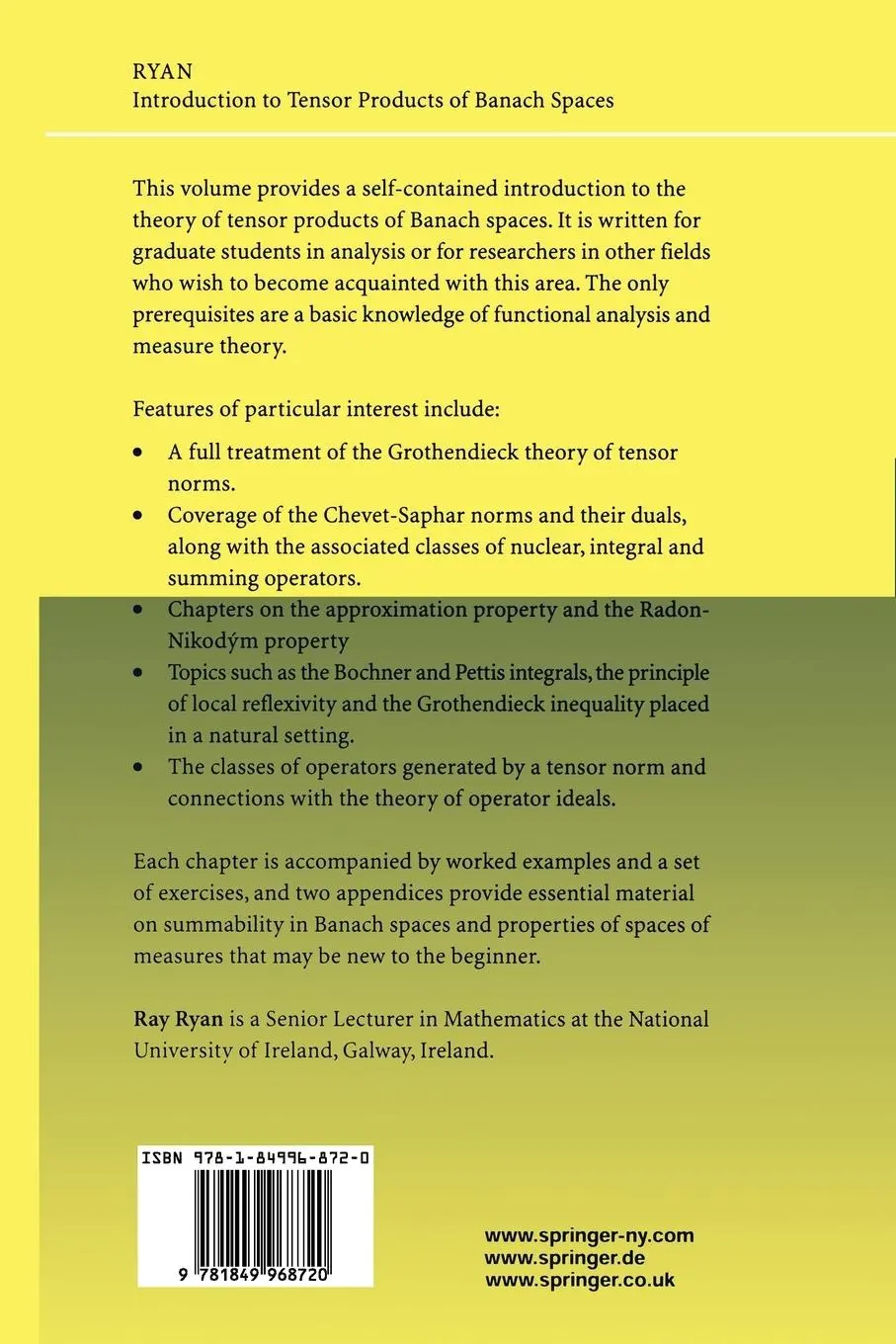 Rückseite: 9781849968720 | Introduction to Tensor Products of Banach Spaces | Raymond A. Ryan