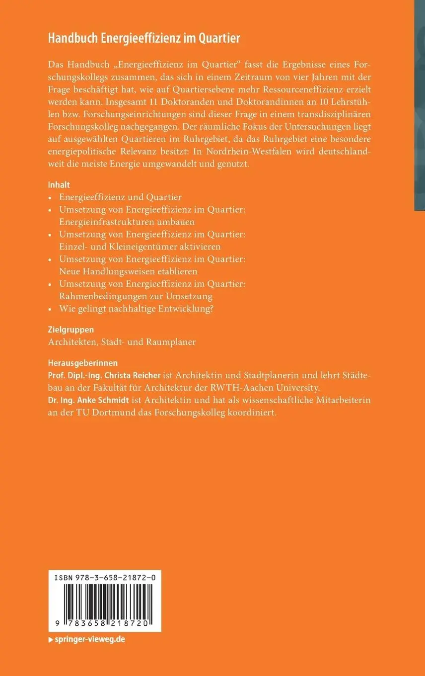 Rückseite: 9783658218720 | Handbuch Energieeffizienz im Quartier | Anke Schmidt (u. a.) | Buch