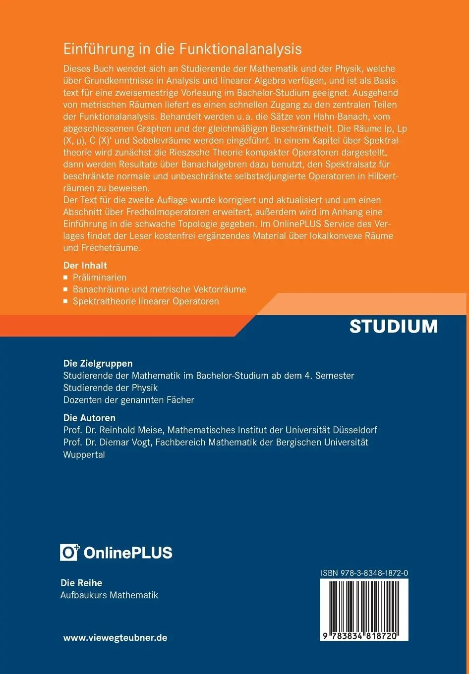 Rückseite: 9783834818720 | Einführung in die Funktionalanalysis | Dietmar Vogt (u. a.) | Buch | x