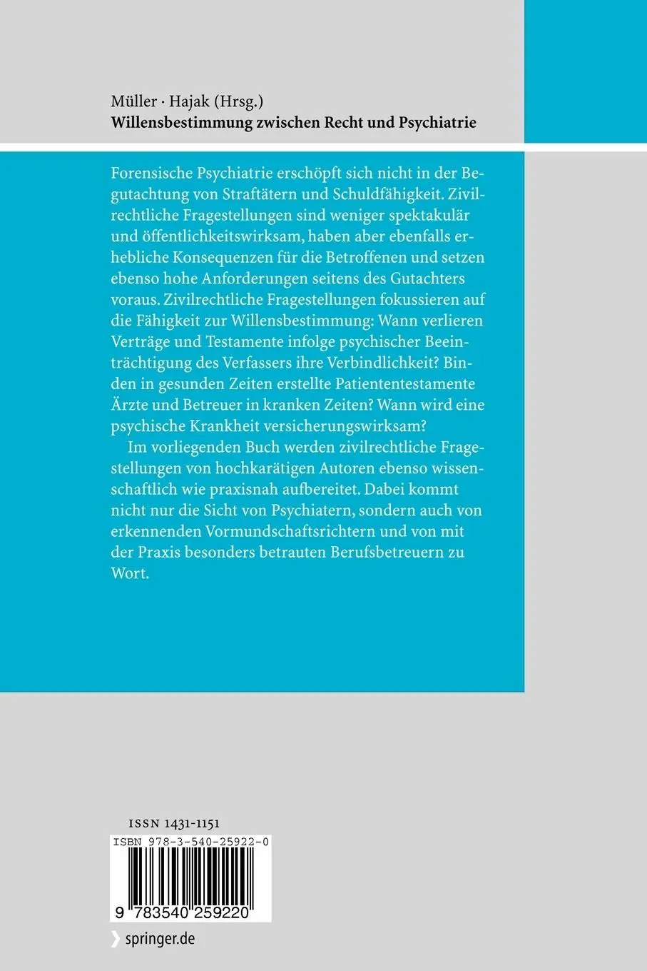 Rückseite: 9783540259220 | Willensbestimmung zwischen Recht und Psychiatrie | Göran Hajak (u. a.)