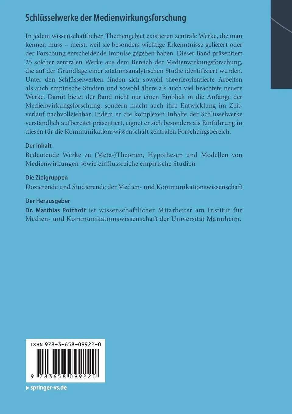 Rückseite: 9783658099220 | Schlüsselwerke der Medienwirkungsforschung | Matthias Potthoff | Buch