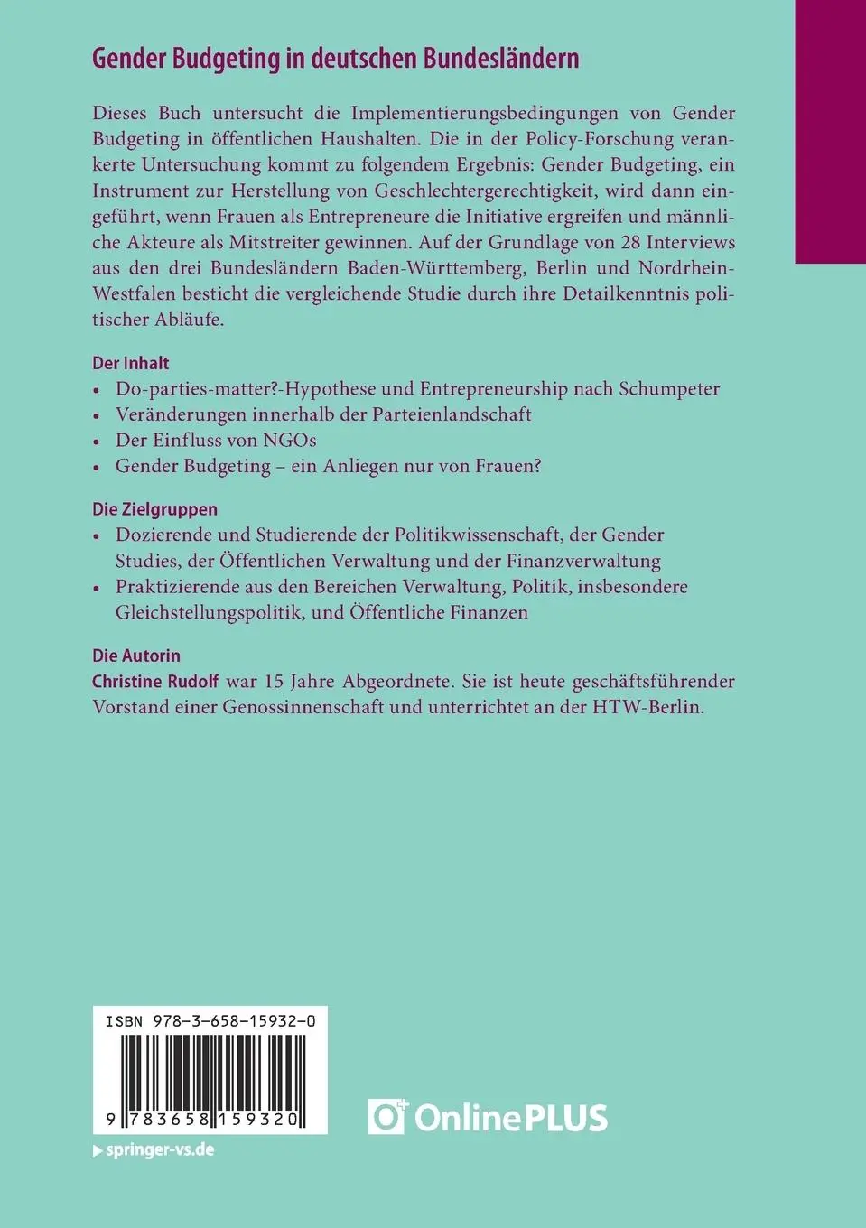 Rückseite: 9783658159320 | Gender Budgeting in deutschen Bundesländern | Christine Rudolf | Buch