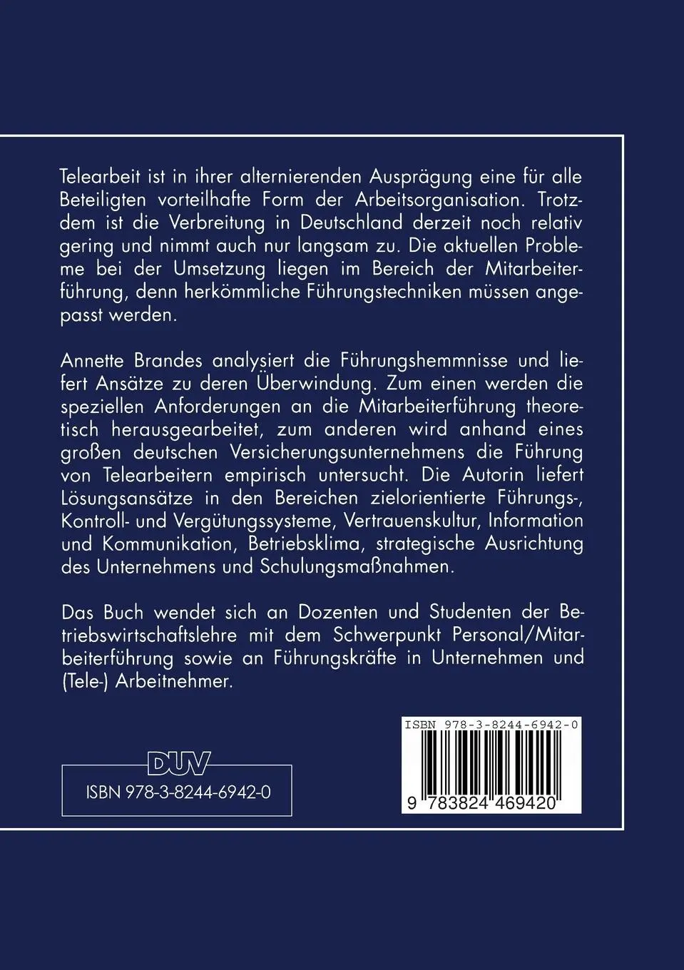 Rückseite: 9783824469420 | Telearbeit und Mitarbeiterführung | Annette Brandes | Taschenbuch