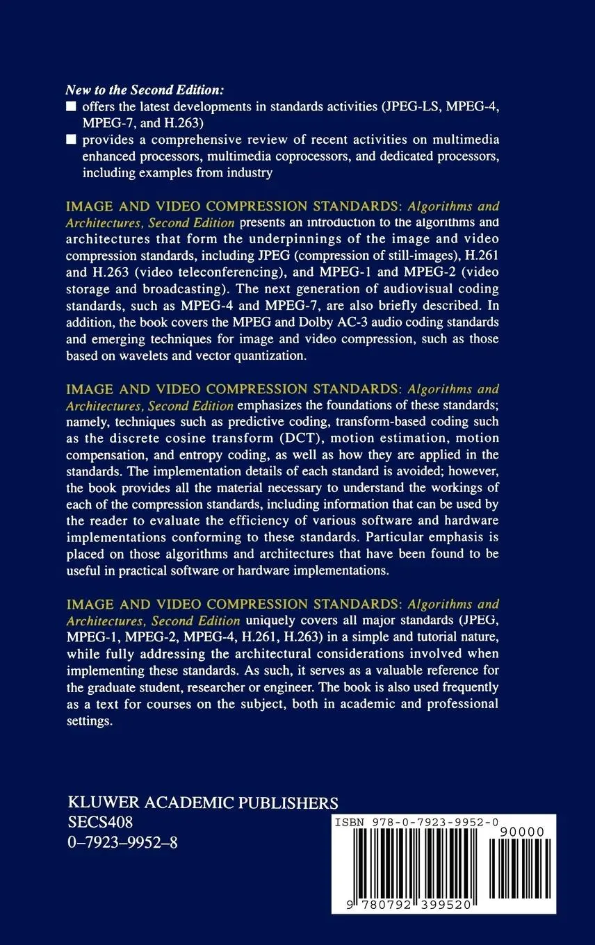 Rückseite: 9780792399520 | Image and Video Compression Standards | Algorithms and Architectures