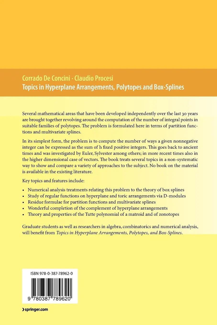 Rückseite: 9780387789620 | Topics in Hyperplane Arrangements, Polytopes and Box-Splines | Buch