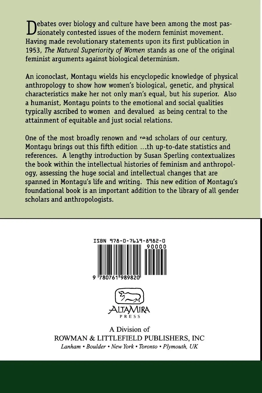 Rückseite: 9780761989820 | The Natural Superiority of Women | Ashley Montagu | Taschenbuch | 1999