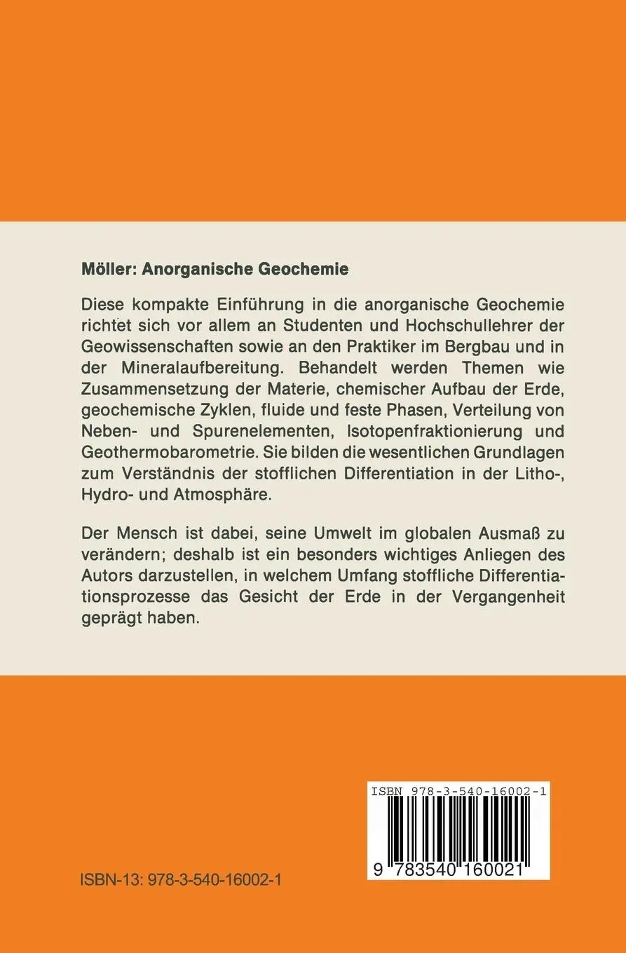 Rückseite: 9783540160021 | Anorganische Geochemie | Eine Einführung | Peter Möller | Taschenbuch