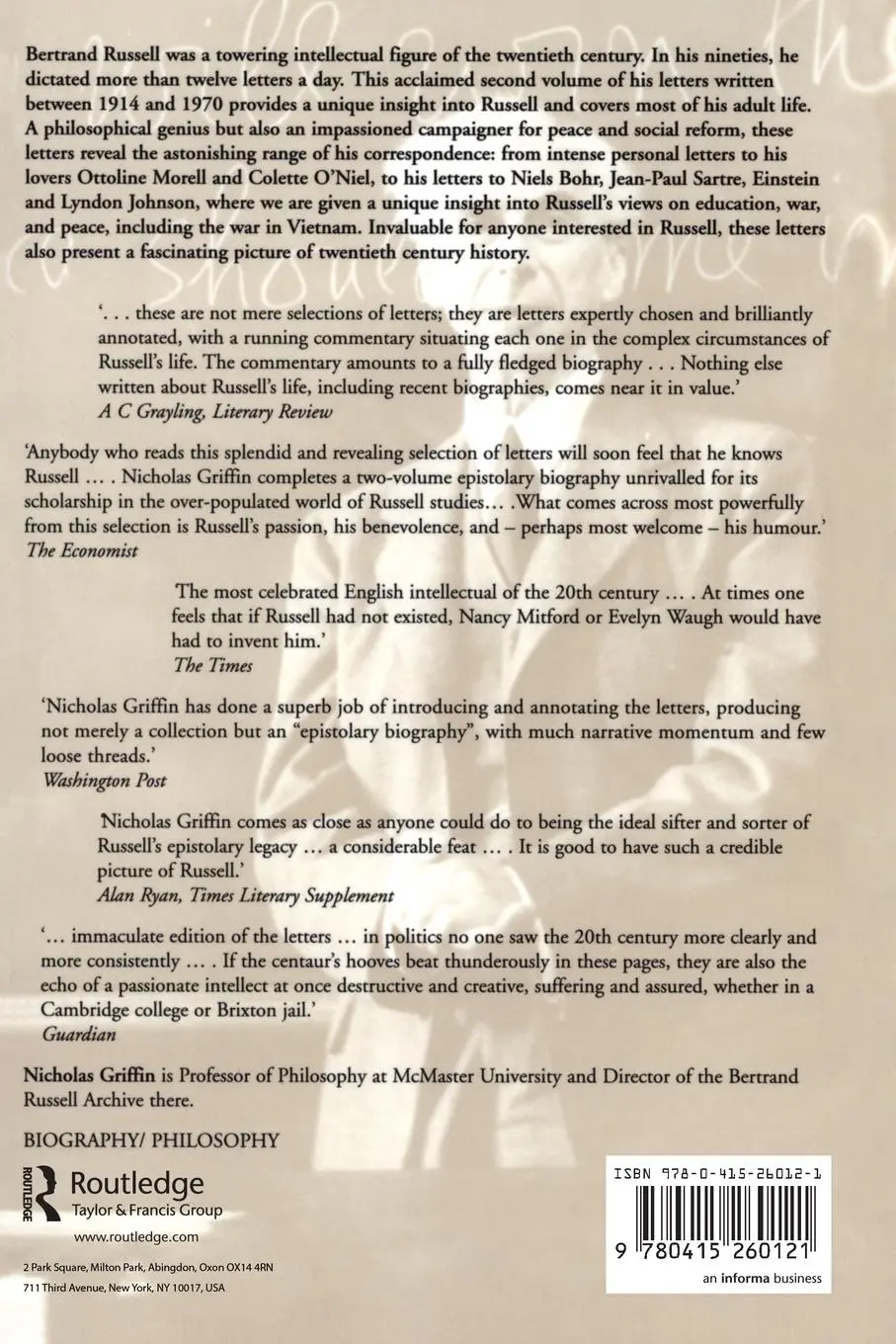 Rückseite: 9780415260121 | The Selected Letters of Bertrand Russell, Volume 2 | Nicholas Griffin