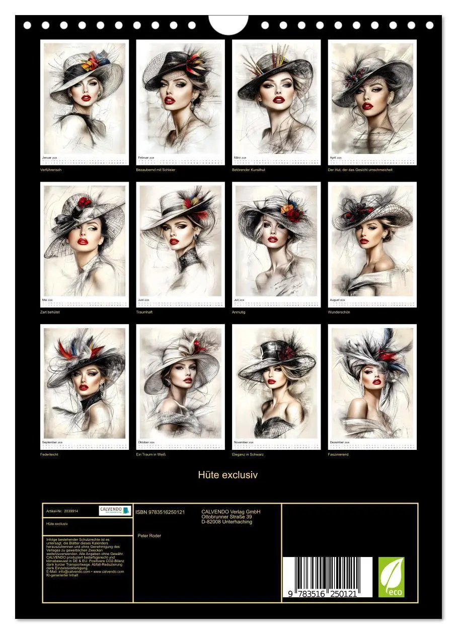 Bild: 9783516250121 | Hüte exclusiv (Wandkalender 2026 DIN A4 hoch), CALVENDO Monatskalender