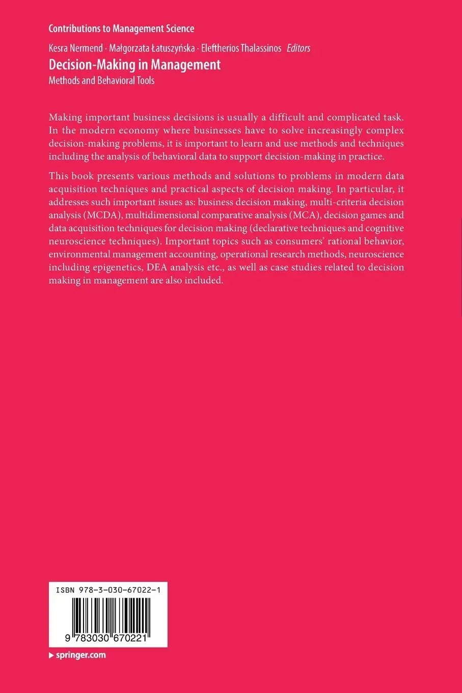 Rückseite: 9783030670221 | Decision-Making in Management | Methods and Behavioral Tools | Buch