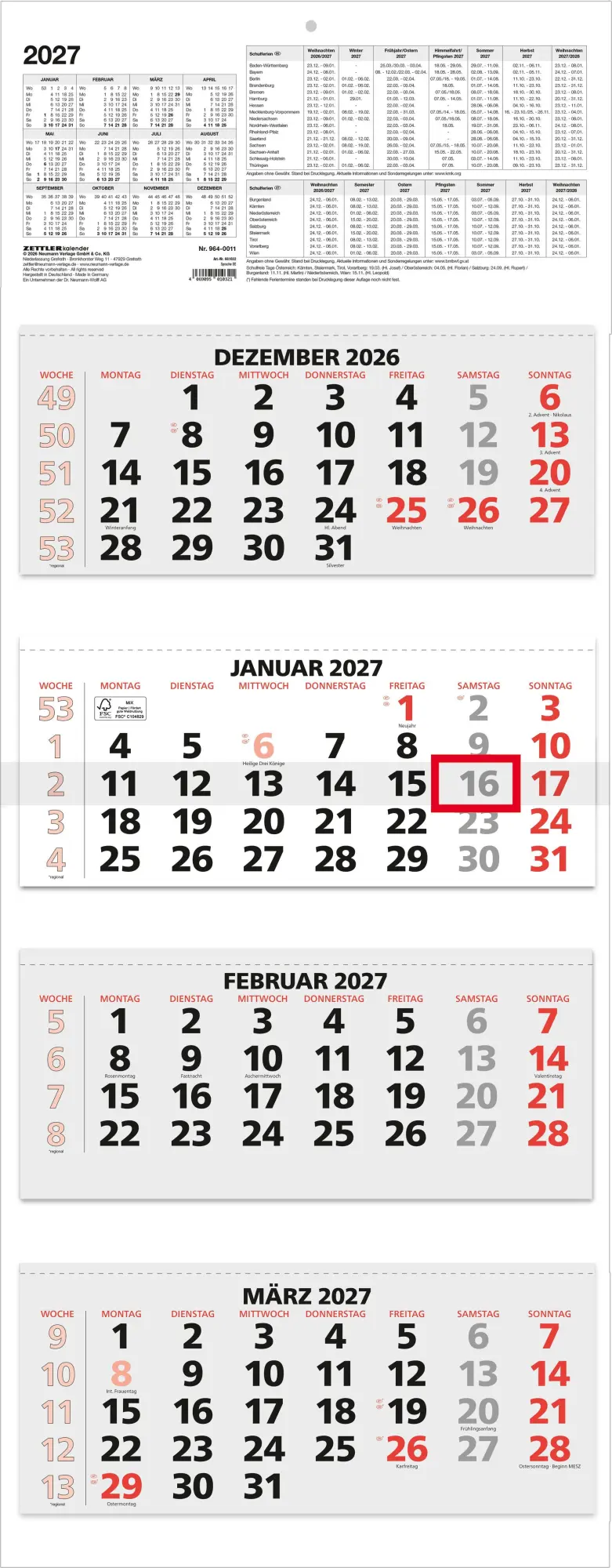 Cover: 4069095010321 | 4-Monatskalender rot 2027 | Neumann Verlage GmbH &amp; Co KG | Kalender