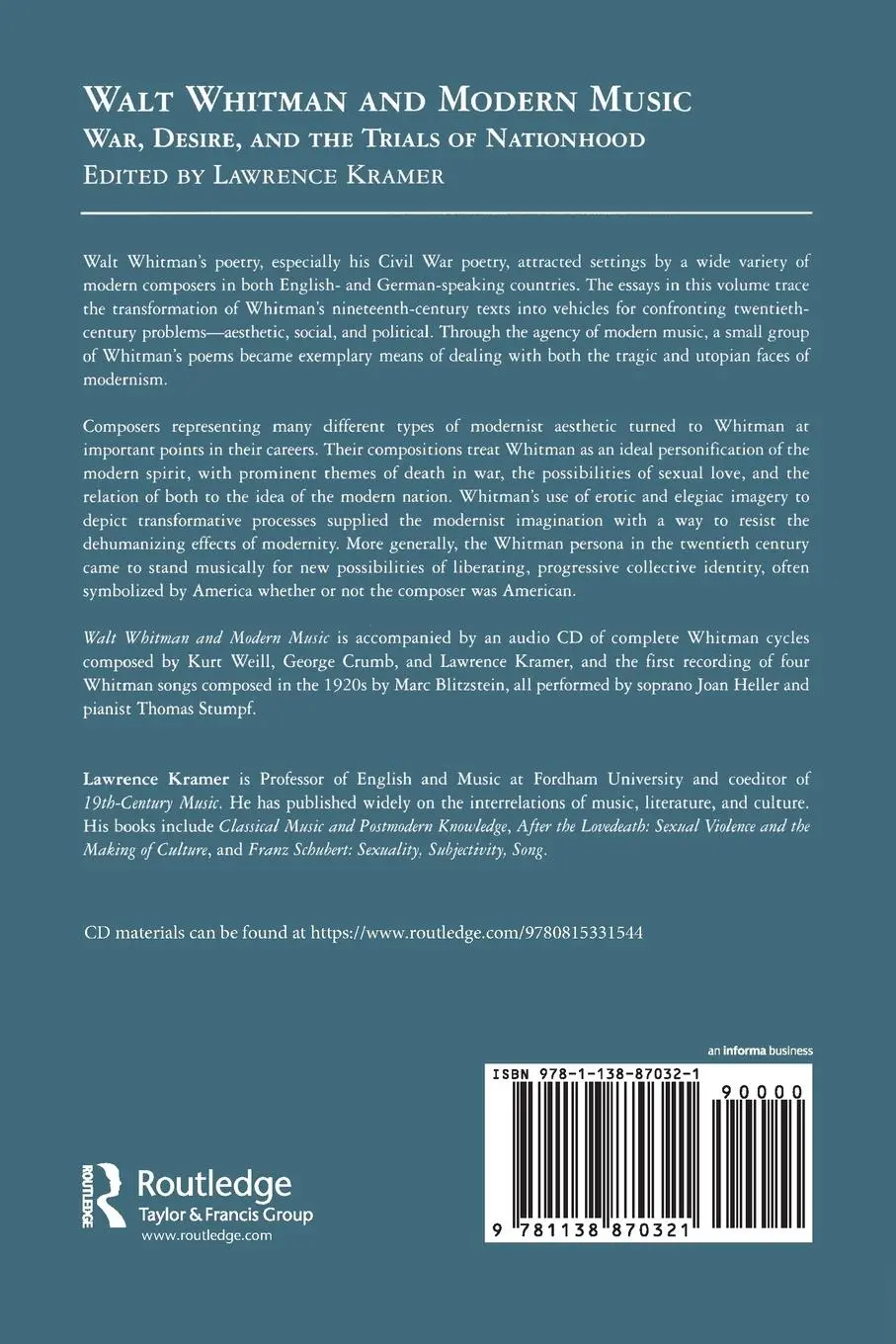 Rückseite: 9781138870321 | Walt Whitman and Modern Music | Lawrence Kramer | Taschenbuch | 2015