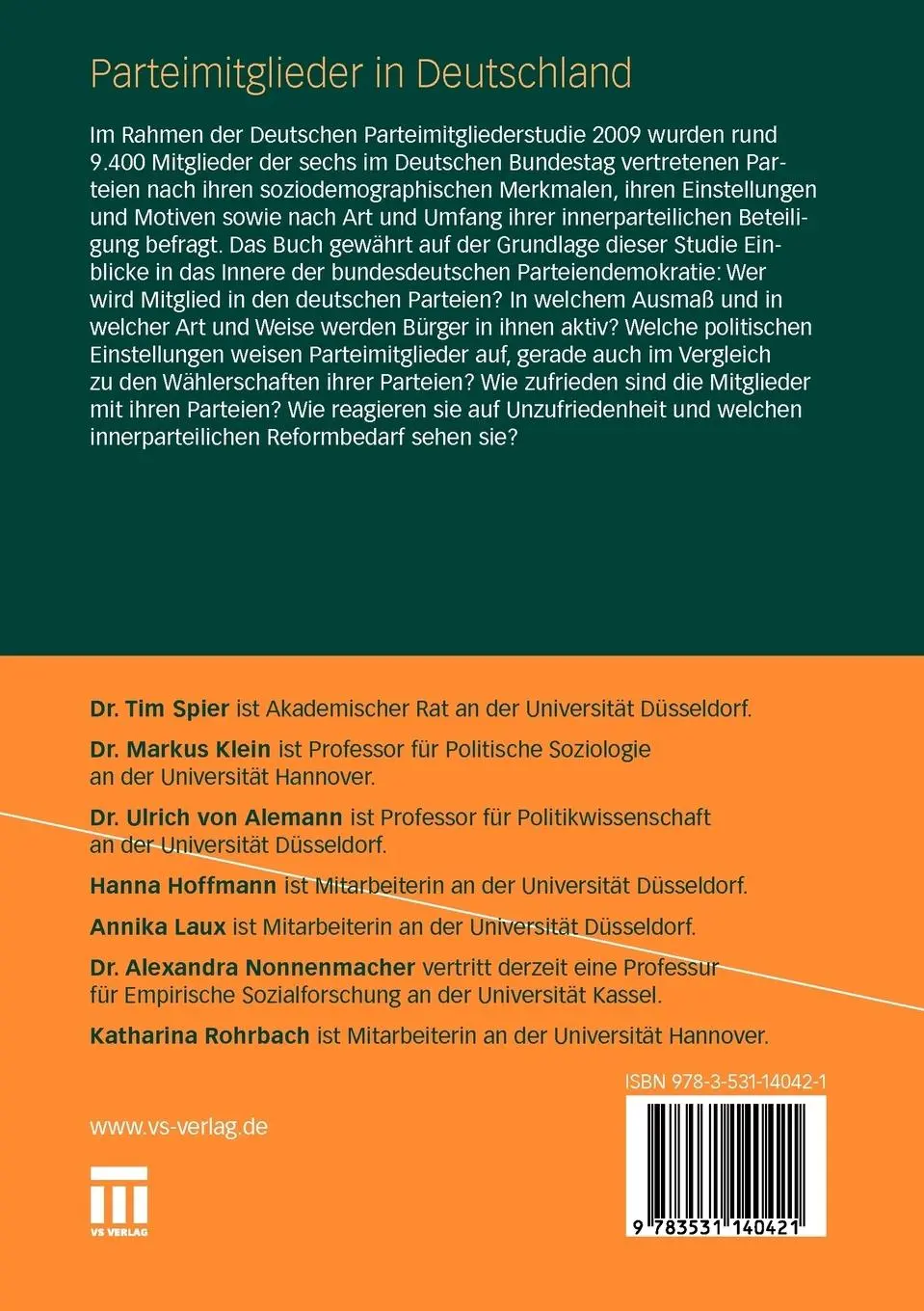 Rückseite: 9783531140421 | Parteimitglieder in Deutschland | Tim Spier (u. a.) | Taschenbuch