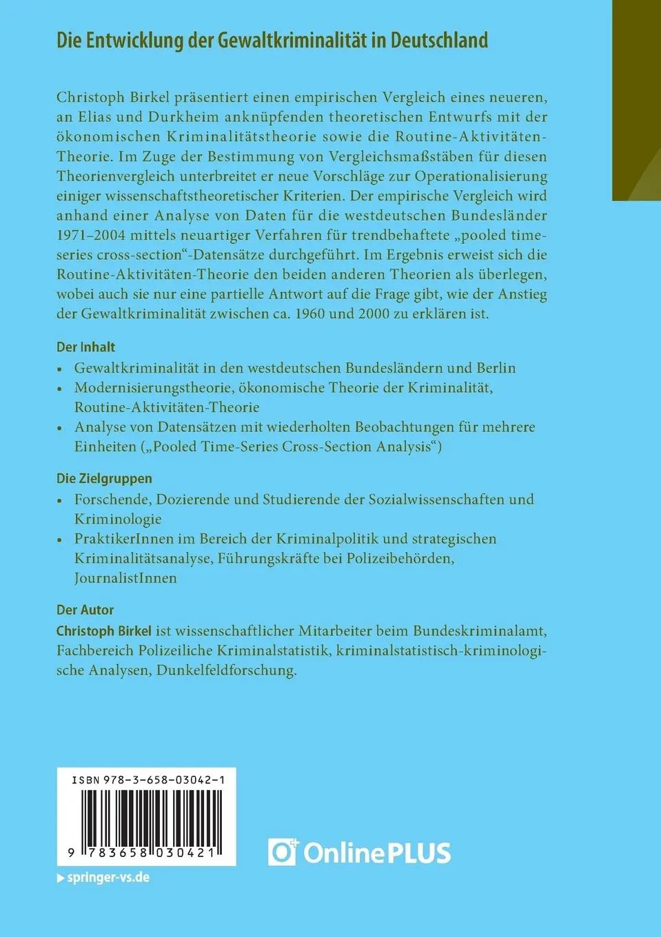 Rückseite: 9783658030421 | Die Entwicklung der Gewaltkriminalität in Deutschland | Birkel | Buch