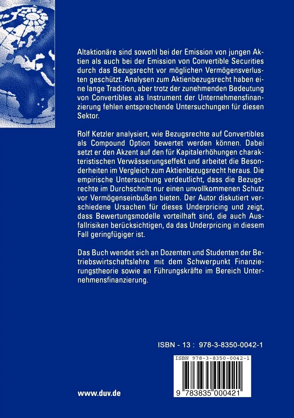 Rückseite: 9783835000421 | Bewertung von Bezugsrechten auf Convertible Securities | Rolf Ketzler