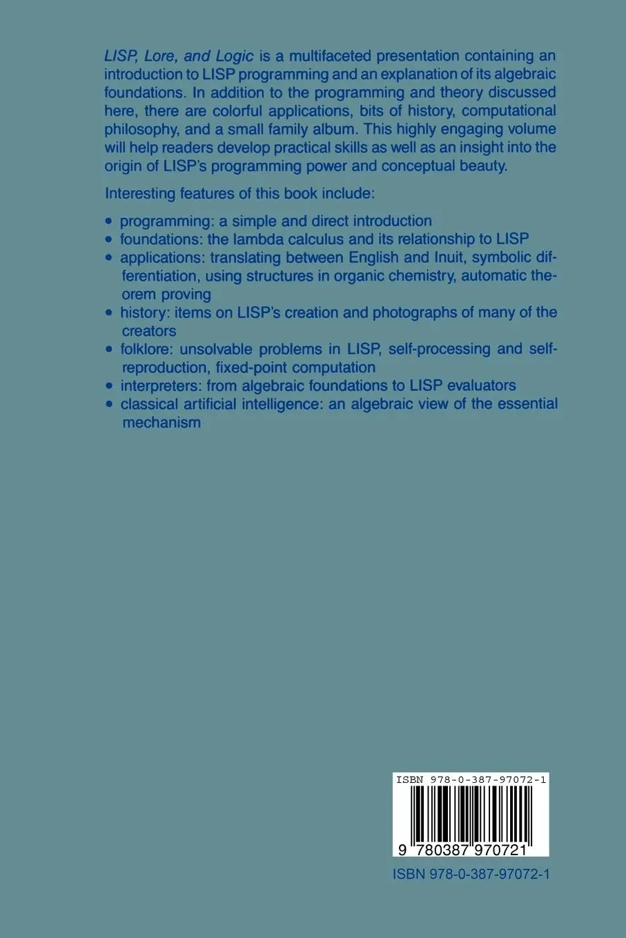 Rückseite: 9780387970721 | LISP, Lore, and Logic | W. Richard Stark | Taschenbuch | xviii | 1990