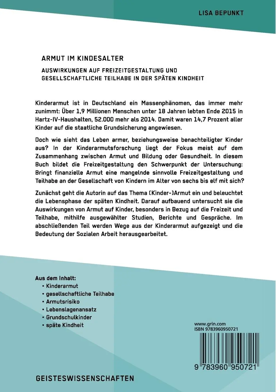 Rückseite: 9783960950721 | Armut im Kindesalter. Auswirkungen auf Freizeitgestaltung und...