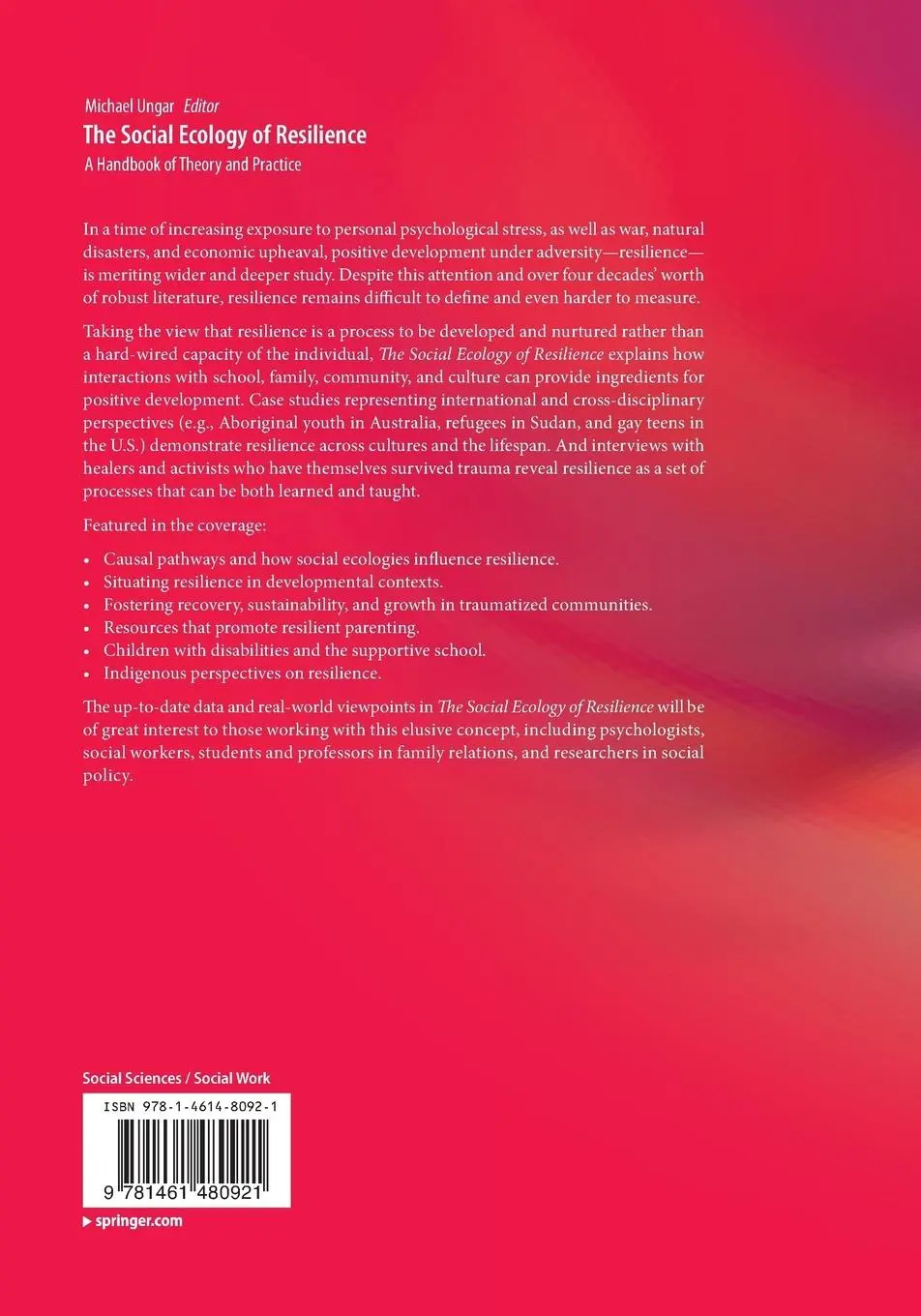 Rückseite: 9781461480921 | The Social Ecology of Resilience | A Handbook of Theory and Practice