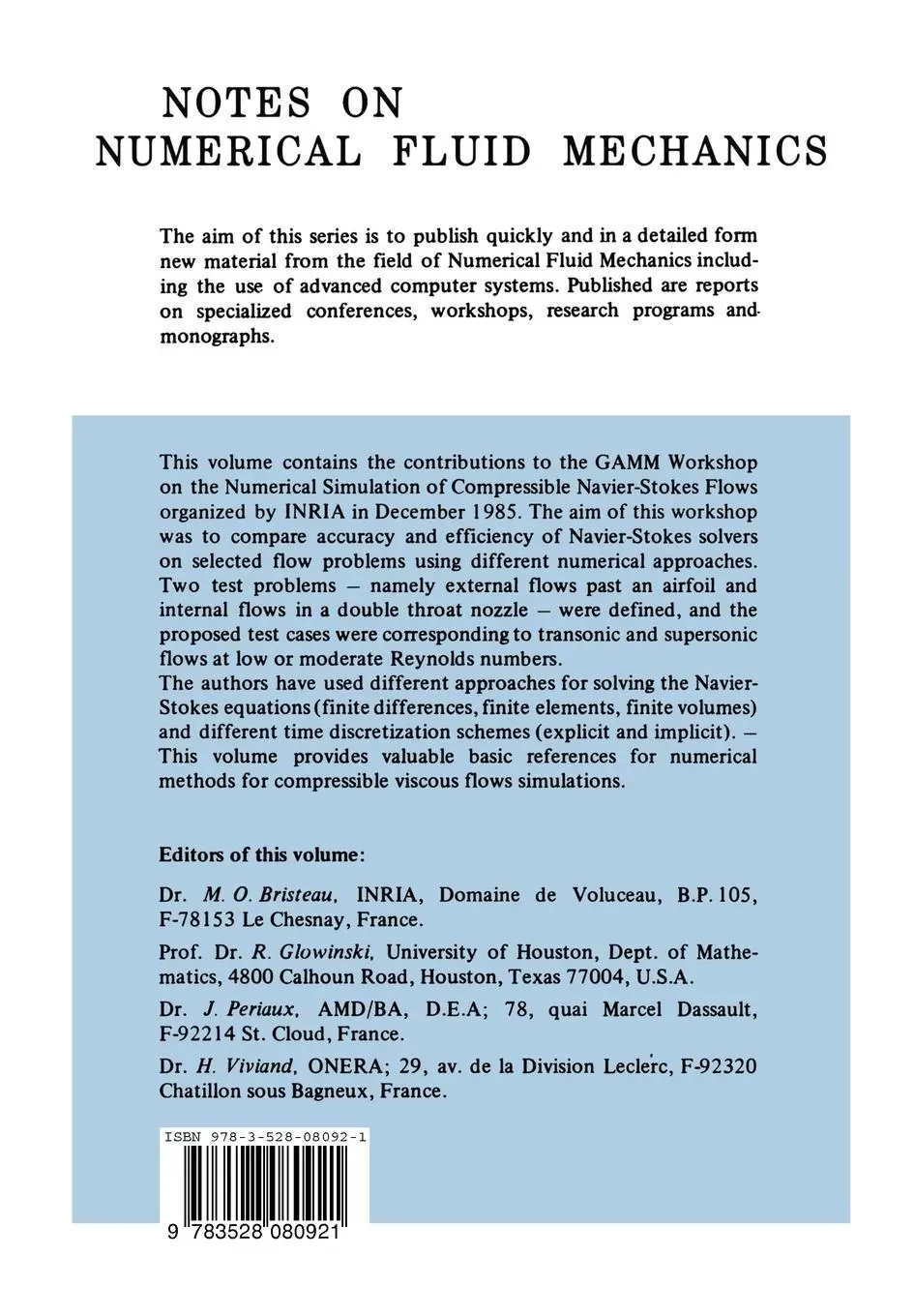 Rückseite: 9783528080921 | Numerical Simulation of Compressible Navier-Stokes Flows | Bristeau