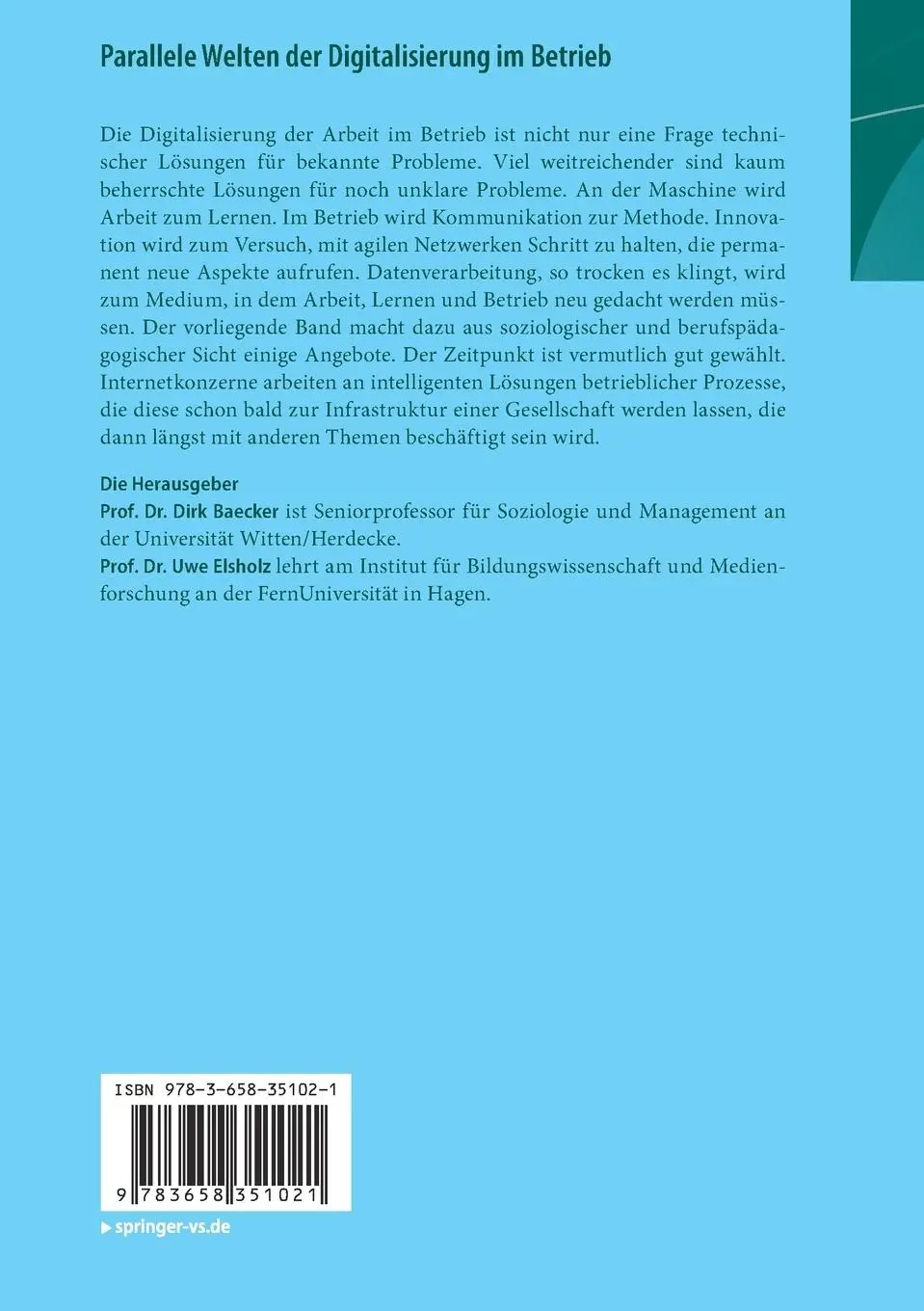 Rückseite: 9783658351021 | Parallele Welten der Digitalisierung im Betrieb | Uwe Elsholz (u. a.)