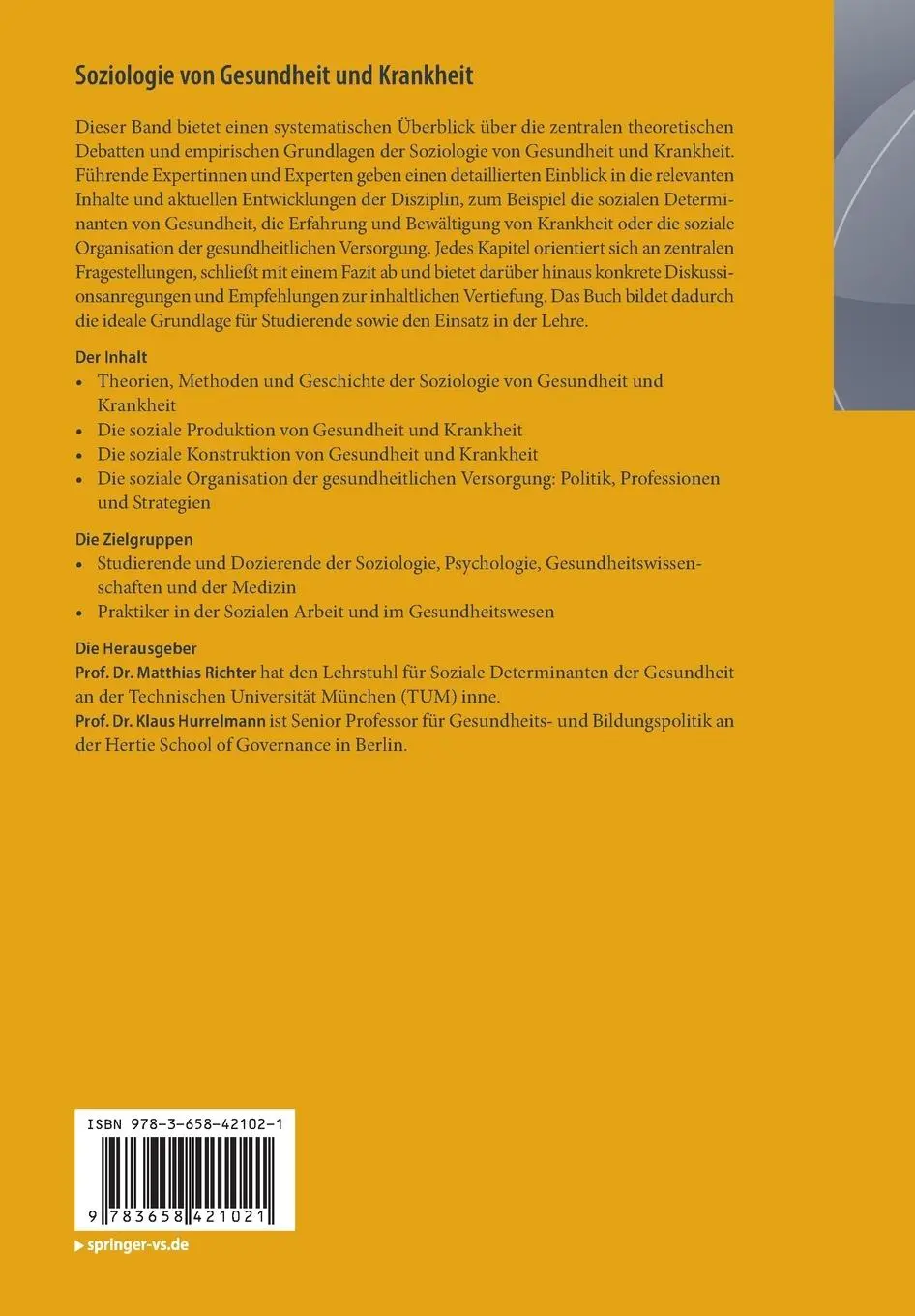 Rückseite: 9783658421021 | Soziologie von Gesundheit und Krankheit | Klaus Hurrelmann (u. a.)