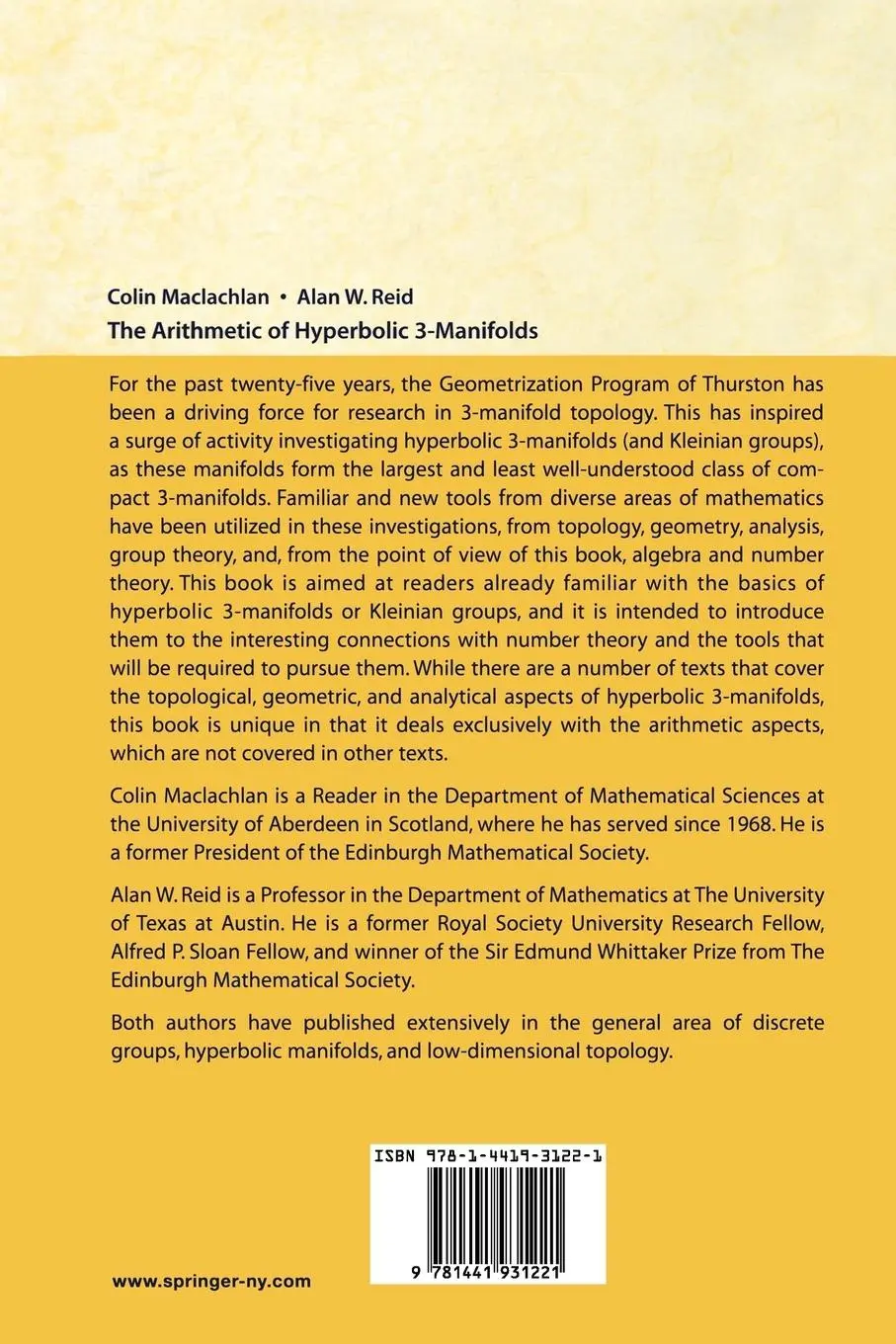 Rückseite: 9781441931221 | The Arithmetic of Hyperbolic 3-Manifolds | Colin Maclachlan (u. a.)