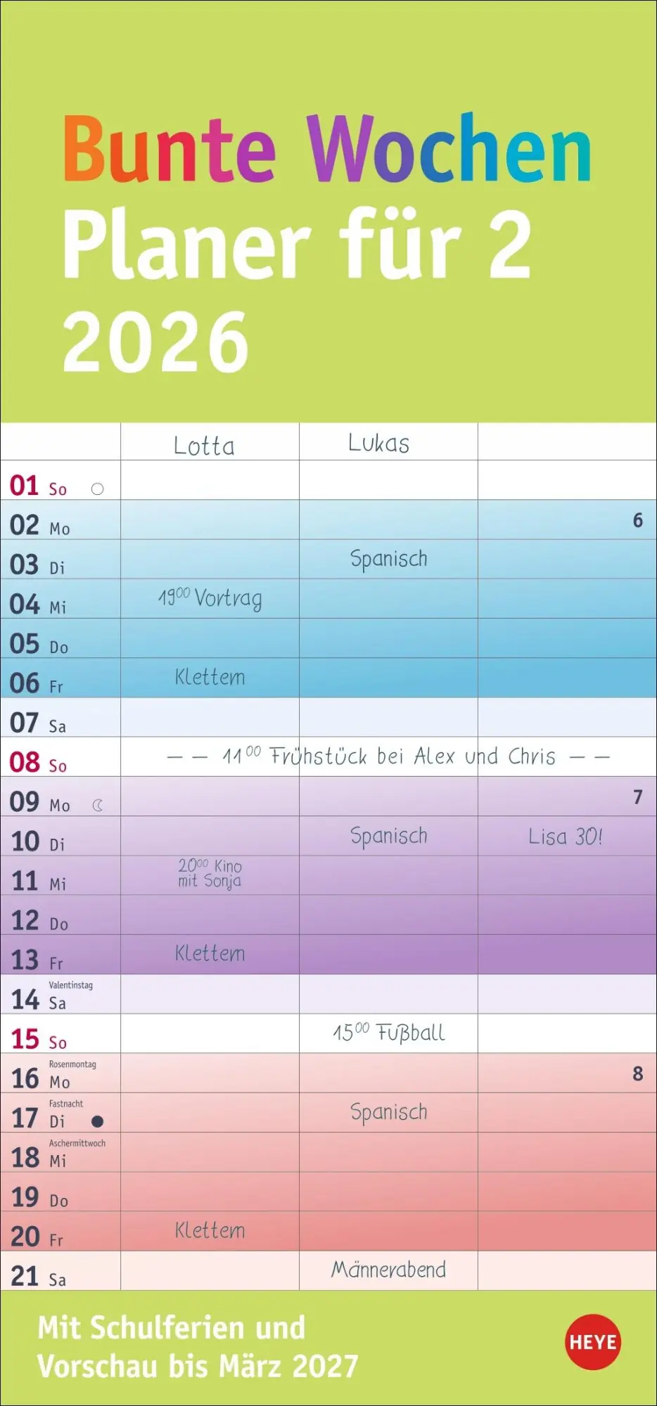 Cover: 9783756411221 | Bunte Wochen Planer für 2 2026 | Heye | Kalender | Bürokalender Heye