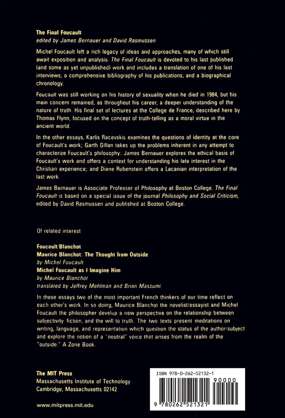 Rückseite: 9780262521321 | The Final Foucault | James Bernauer (u. a.) | Taschenbuch | Englisch
